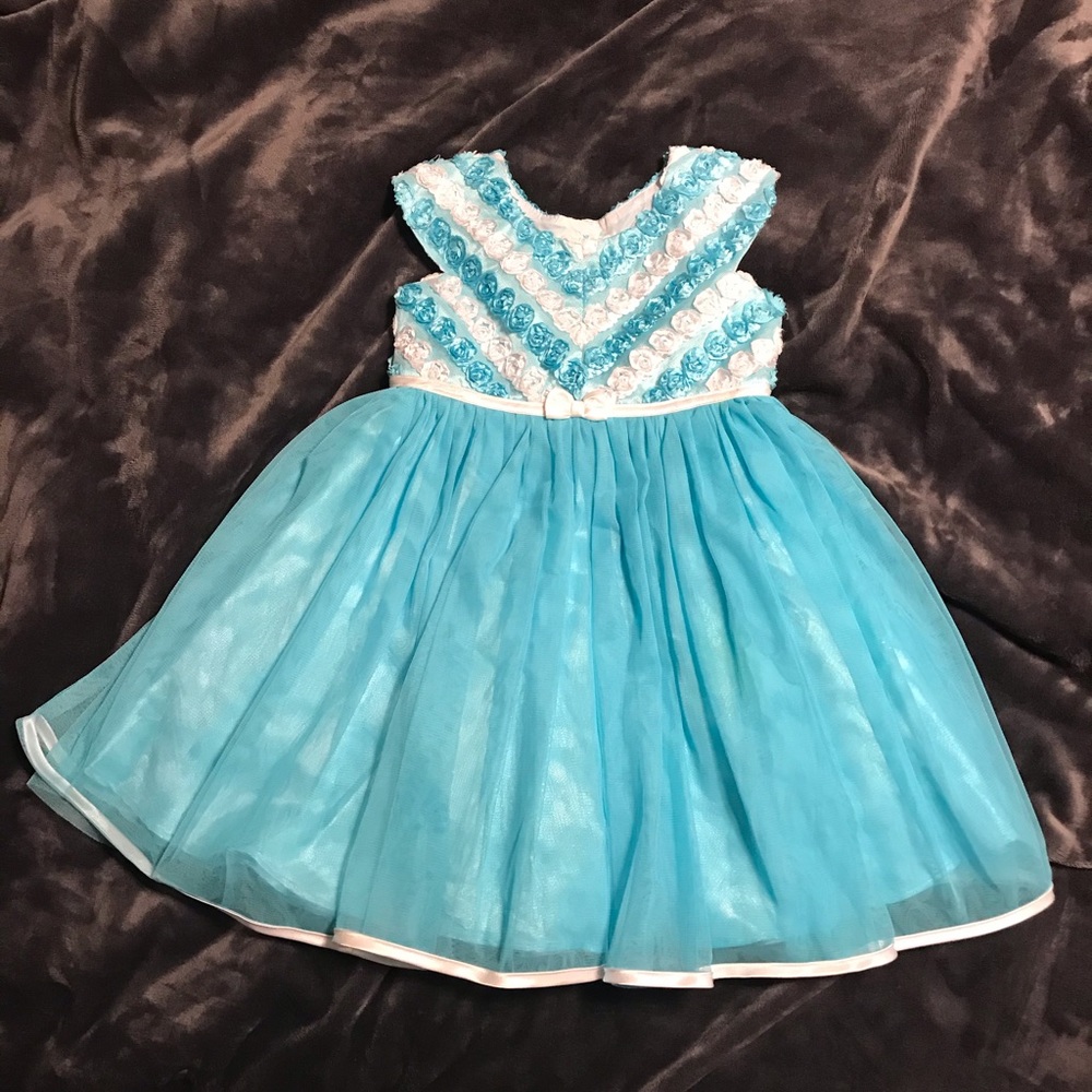 Size 4T Aqua Blue/White Rosette Tulle Lined Dress
